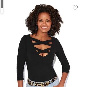 Boston Proper Elegant Black Cut-Out Long Sleeve Top
